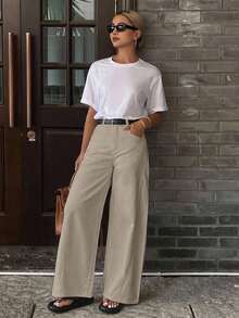 Jeans casuales de cintura media, pierna recta y corte holgado para mujer - Albaricoque - Ver 2