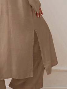 Kimono de mujer de manga larga, suelto y largo, de un solo color, como cubierta - Marrón - Ver 3