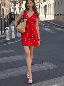 Vestido corto sin mangas con estampado de lunares, informal y de vacaciones - Rojo - Ver 3