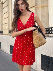 Vestido corto sin mangas con estampado de lunares, informal y de vacaciones - Rojo - Ver 4