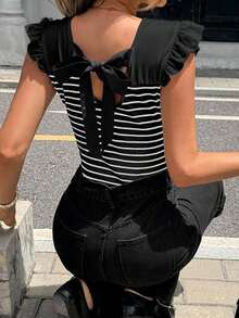 Camisola sin espalda de manga corta con estilo de calle francés de primavera/verano para mujeres - Negro - Ver 7