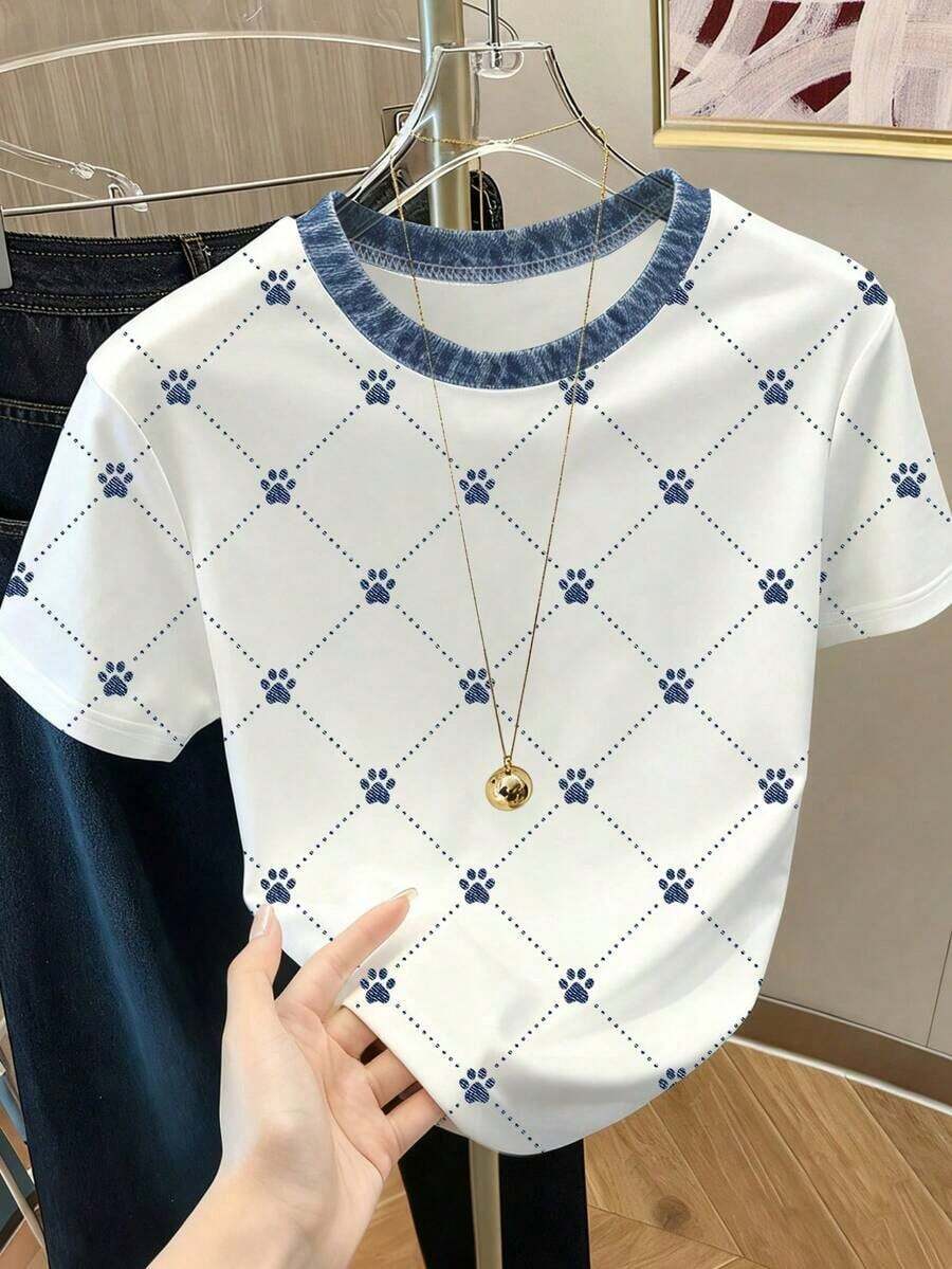 Camiseta de mujer con cuello redondo, estampado de corazones y lunares, y bloques de color - Blanco 10 - Ver 1