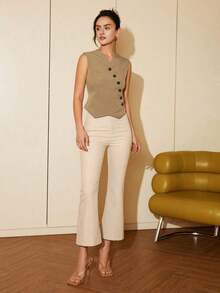 Chaleco corto de mujer de estilo casual de primavera/verano con botones diagonales, estilo de dinero viejo para negocios y ocio - Caqui - Ver 7