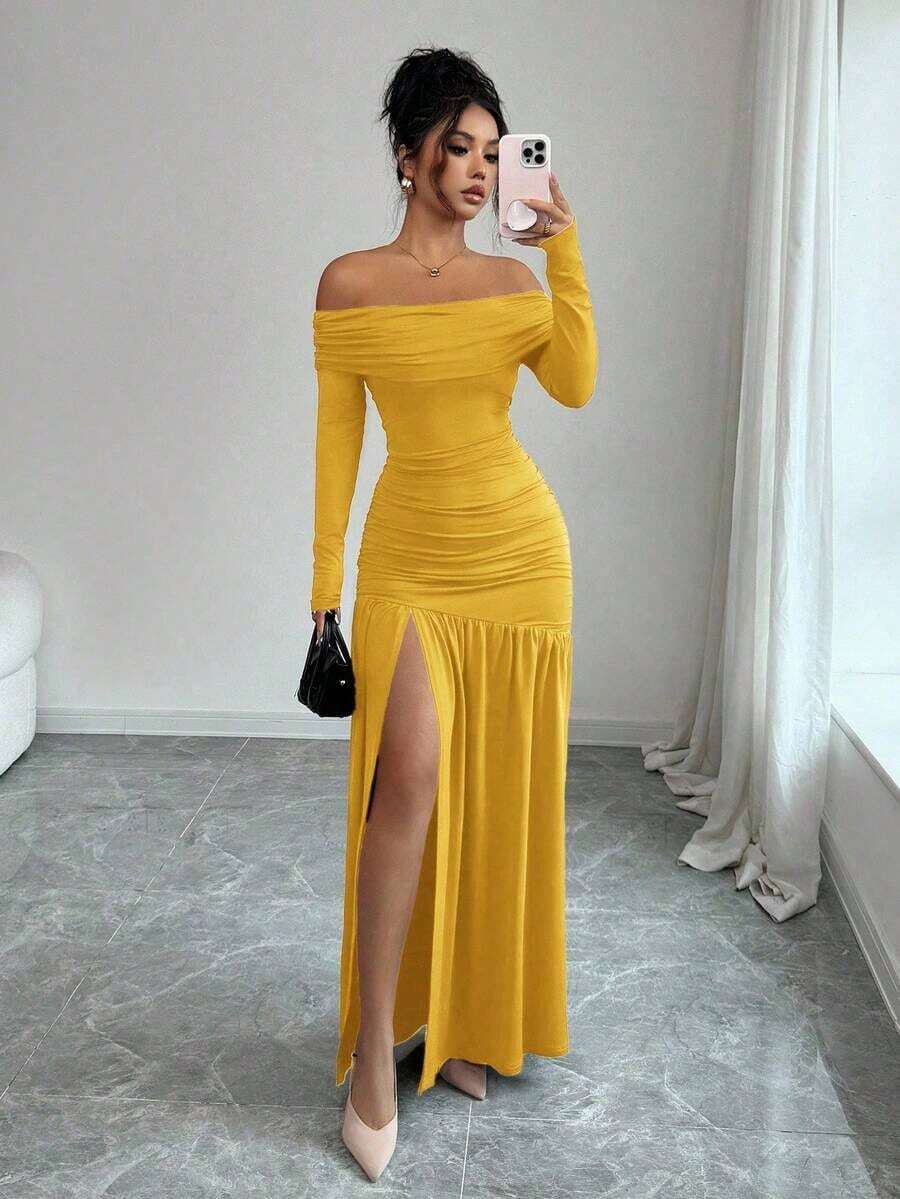 Vestido de punto ajustado de manga larga con hombros descubiertos, elegante y vintage, adecuado para otoño/invierno, Halloween - Amarillo - Ver 1