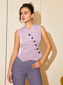 Chaleco corto de mujer de estilo casual de primavera/verano con botones diagonales, estilo de dinero viejo para negocios y ocio - Lila Púrpura - Ver 4