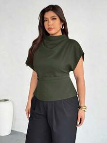 Blusa ajustada con cuello fruncido, manga asimétrica y cintura fruncida con estampado de lunares marrones.Adecuada para ir a trabajar, estilo vintage, elegante, para usar en las cuatro estaciones y para vacaciones en la Riviera Francesa - Verde - Ver 4