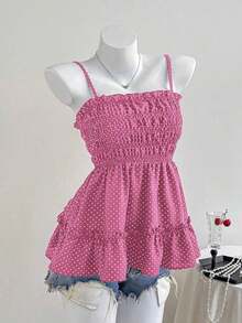 Camiseta sin tirantes de verano informal con lunares y volantes - Rosa - Ver 4