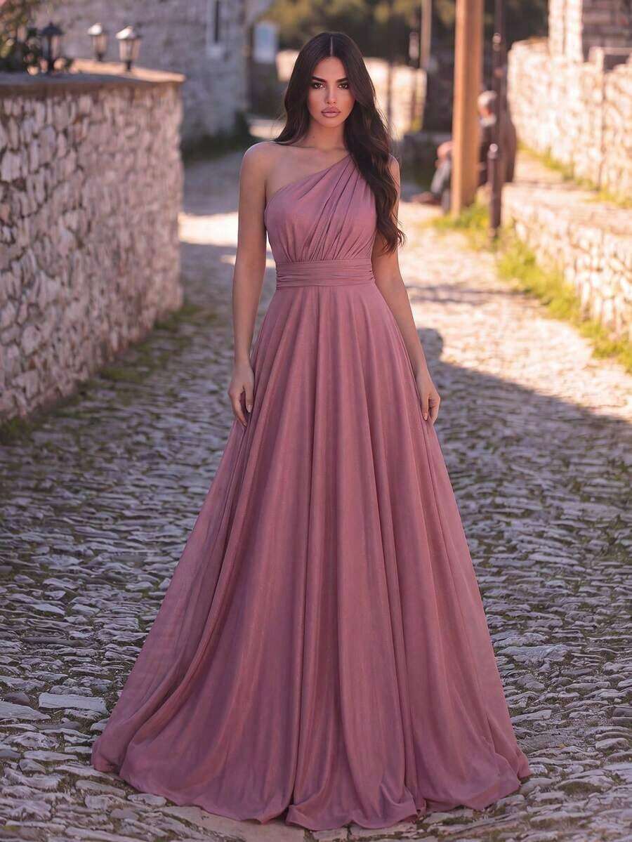 Elegante vestido formal de punto de un solo hombro, diseño plisado largo y elegante, adecuado para dama de honor o eventos formales como bodas - Rosa vieja - Ver 1
