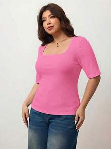 Camiseta de manga corta de cuello cuadrado de ajuste ceñido y elástica para mujer de talla grande, camiseta primavera y verano amigable con la piel, compatible con curvas redondeadas del Body, compatible con la forma del Body redondeada de Apple/20 - Rosa Fucsia - Ver 3