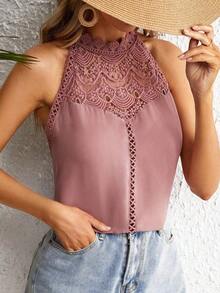 Clasi Blusa con panel de encaje guipur, diseño de escote con abertura en la espalda, sin mangas - Rosa vieja - Ver 3