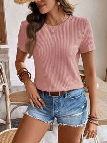 de manga corta para la primavera y el verano con cuello redondo y unicolor en tela texturizada para uso casual - Rosa vieja - Ver 8