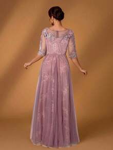 Vestido elegante y romántico con cuello redondo, mangas 3/4, contraste de encaje y malla, bajo en línea A, bordado lujoso, adecuado para fiesta de noche, cita, baile, fiesta de solteros, festival de música, boda, vestido de madre de la novia, primav - Rosa vieja - Ver 2