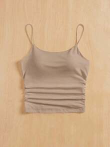 Camiseta ajustada con cuello redondo, almohadilla en el pecho y transpirable.Camisola básica para mujer sin sujetador - Camel - Ver 6