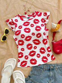 2 piezas Conjunto con Camiseta de Punto Blanco Acanalado con Volantes WYWH y Camiseta Sólida de Color Cereza, Estilo Bohemio, Boho, Floral Romántico, Vacaciones, Estilo Floral para Fiesta, Cita, Día de San Valentín, Pascua, Carnaval, Té de la Tarde - Multicolor 3 - Ver 1