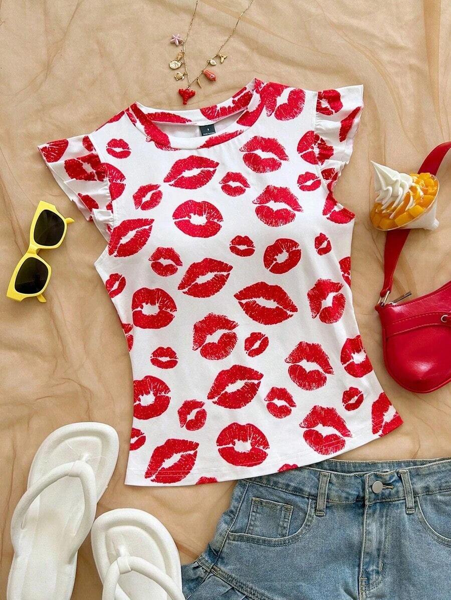2 piezas Conjunto con Camiseta de Punto Blanco Acanalado con Volantes WYWH y Camiseta Sólida de Color Cereza, Estilo Bohemio, Boho, Floral Romántico, Vacaciones, Estilo Floral para Fiesta, Cita, Día de San Valentín, Pascua, Carnaval, Té de la Tarde - Multicolor 3 - Ver 1