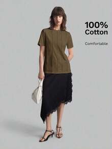 2026 Primavera/Verano Camiseta casual de mujer de manga corta con diseño de rayas de unicolor y cuello redondo, adecuada para el estilo casual urbano, la moda minimalista, el transporte urbano, la sencillez elegante, el Día del Maestro, la tela de p - Marrón - Ver 7