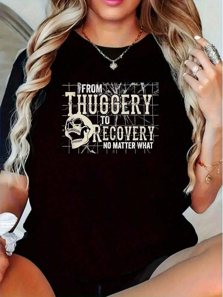 1 Women's Graphic Tee With "From Violence To Skull" And "Aana Living Sober" Designs. Casual Short-Sleeve Crew Neck Tee With Inspirational Quotes And A Broken Glass Design. Perfect For A Retro Casual Style. Shipped From A Local Warehouse. Soft And Comfortable Cotton. Enjoy Special Discounts. Ideal For Easter, Halloween, Thanksgiving, Christmas, And More. 180g 100% Cotton. - 黑色 - 查看 1