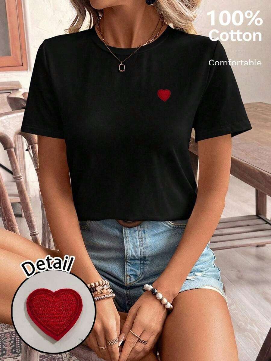 Frenchy Camiseta casual de manga corta para uso diario con corazón bordado en hilo dorado para mujer, camiseta de verano para mujeres con atuendo de fiesta de té de algodón, parte superior bordada, camiseta de algodón para mujeres.Tops de verano - Negro 3 - Ver 1