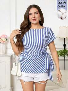 Camisa casual de manga corta con diseño plisado y teñido anudado para mujer de talla grande, adecuada para vacaciones, fiestas y salidas - Azul y blanco - Ver 3