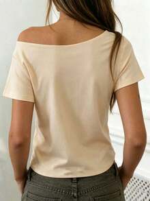Camiseta casual de uso diario con hombro asimétrico de unicolor para mujer - Blanco 3 - Ver 2