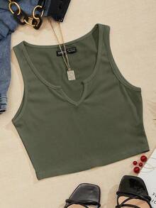 Top corto de punto acanalado de unicolor minimalista para uso casual y de oficina para mujer - Verde militar - Ver 3