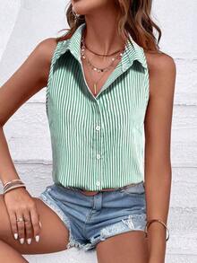 Blusa holgada sin mangas a rayas de estilo casual para mujer, camisa de verano para mujer, top sin mangas a rayas, top verde a rayas, blusas casuales de verano para mujer - Verde - Ver 6