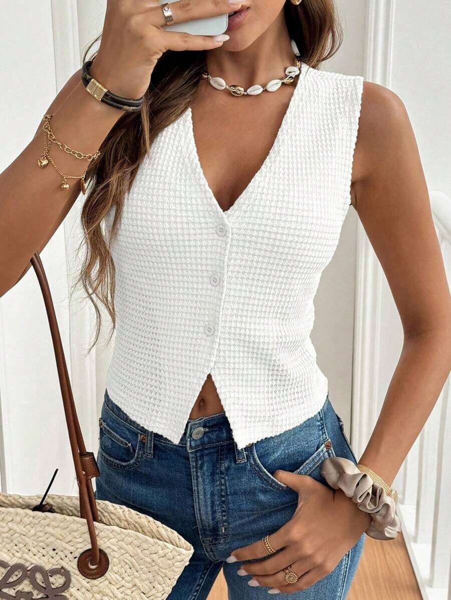 Frenchy Top de tanque casual de botones frontales de unicolor con textura para verano - Blanco - Ver 1