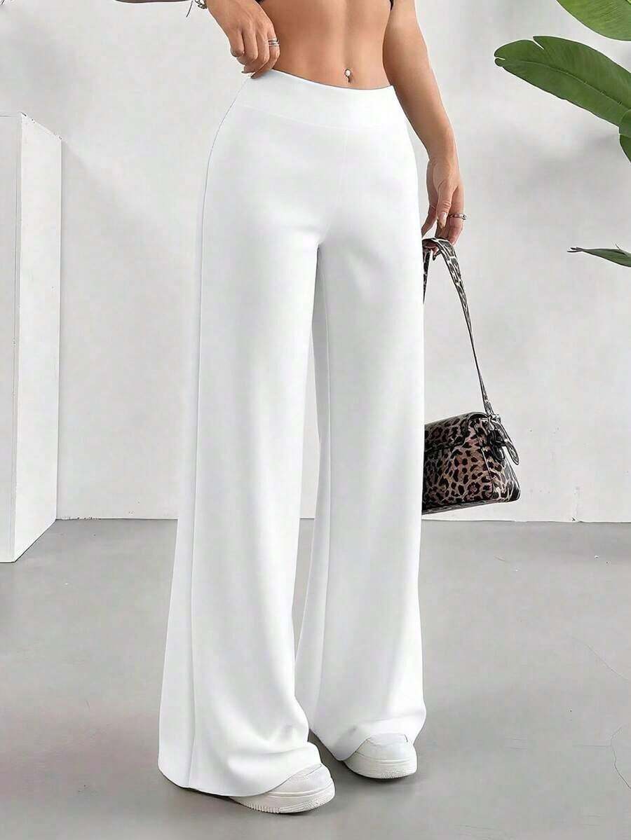 Pantalones anchos de unicolor blanco versátiles y casuales de primavera - Blanco - Ver 1