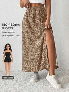 Falda De Verano Para Mujeres Con Estampado Floral Pequeño Y Abertura De Muslo - Caqui - Ver 7