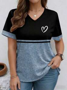 Camiseta casual de talla grande con cuello en V a rayas y patrón de corazón de patchwork - Multicolor 2 - Ver 1