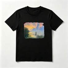 Ciudad Acuarela Playera de Algodón Negro Atardecer Artístico - Negro - Ver 1