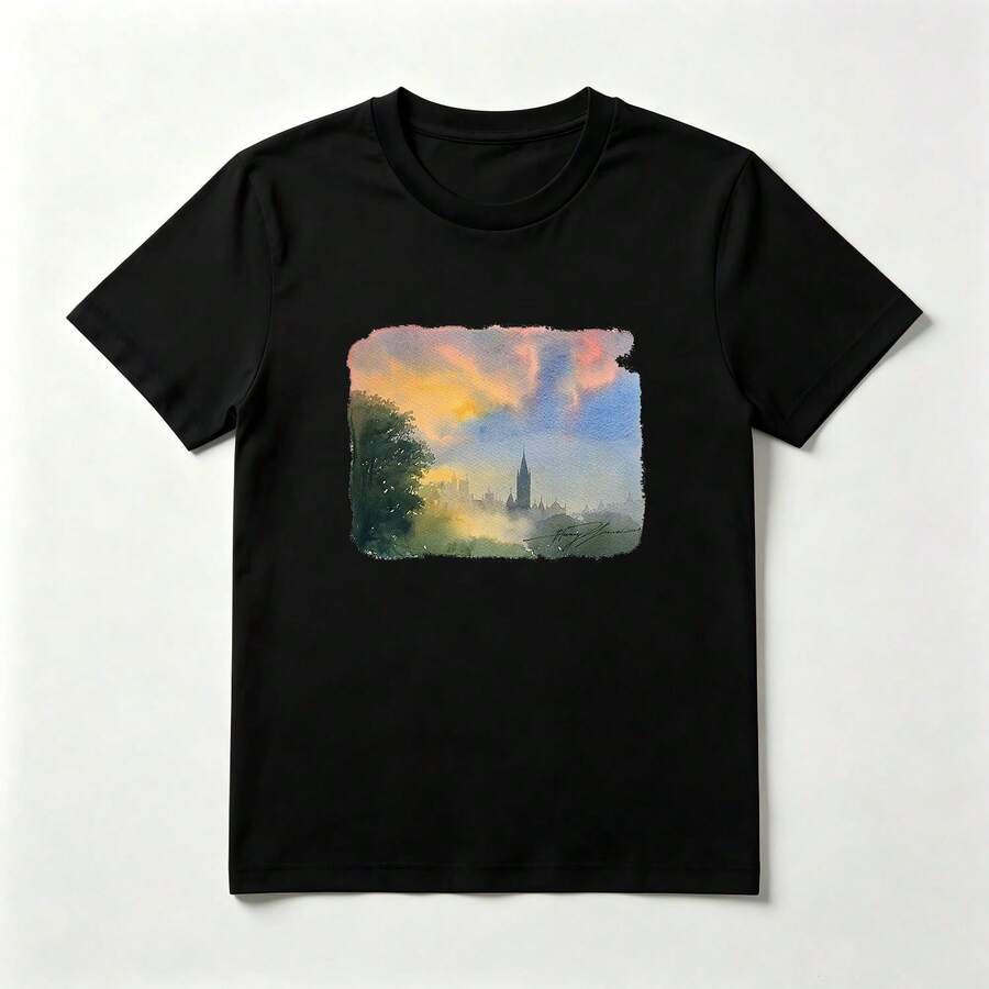 Ciudad Acuarela Playera de Algodón Negro Atardecer Artístico - Negro - Ver 1