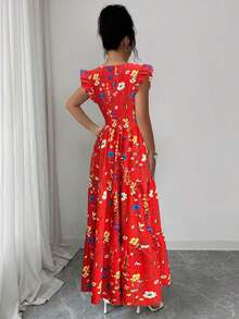 Vestido de mujer con cuello cuadrado, cintura ceñida y mangas acampanadas con estampado multicolor. Elegante y sofisticado, adecuado para el Día de San Valentín, Pascua, Día del Trabajo, cumpleaños, citas, fiestas, ocasiones formales, atuendo de maestra, looks de alta vibra, viajes y vacaciones, ropa de calle, primavera y verano - Blanco - Ver 2