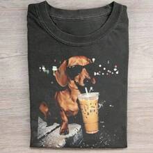T Shirt Print ,Graphic-Cotton Tees Size Plus, COCOC 2026 New  Loose Women's Pattern Round Neck Shirt Graphic Tees,Funny Dachshund Drinking Iced Coffee Vintage-Shirt Dog Owner Retro Tshirt ,Y2K,Oversized Shirt - 黑色 - 查看 1