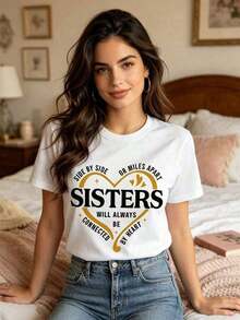 Camiseta de Vacaciones en la Playa con Estética Retro, Holgada y Cómoda, para Hermanas Junto o a Kilómetros de Distancia, Camiseta para Viaje de Hermanas, Camiseta a Juego para Vacaciones de Hermanas, Camisetas para Viaje de Fin de Semana para Hermanas, Camiseta a Juego para Hermanas, Camiseta Gráfica de Algodón Premium para Mujer, Ropa de Verano para Vacaciones - Blanco - Ver 3