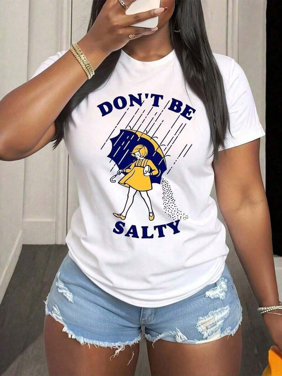 Women's Funny "Don't Be Salty" Graphic Tee - Soft Breathable Cotton Top For Everyday & Party Wear - Plus Size Friendly Casual Outfit Essential, Humorous Clothing, Playful Illustration Anti-Wrinkle Cotton Tee-Unisex, Suitable For Casual Daily Outings, Short-Sleeve Summer Top, Retro Y2K Patterned T-Shirt - 白色 - 查看 1