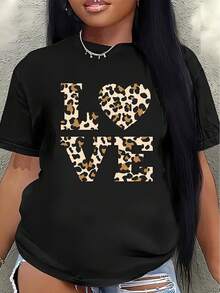 Camiseta de manga corta, ligera y duradera, con un diseño de corazón con estampado de leopardo, es perfecta para salidas informales o para relajarse en casa, ofreciendo la combinación ideal de comodidad y estilo para el uso diario.women's shirts - Negro - Ver 7