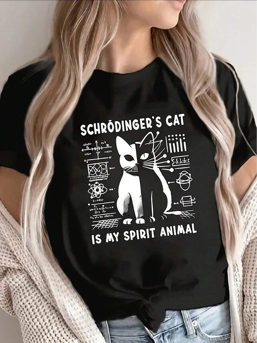 Nueva camiseta de manga corta, ligera y duradera, con un diseño gráfico del gato de Schrödinger, ideal para uso casual en casa, en la oficina o en una cafetería. Una excelente elección para entusiastas de la ciencia y amantes del estilo divertido: camiseta unisex de algodón suelto con cuello redondo y mangas largas, estilo vintage urbano. - Negro - Ver 1