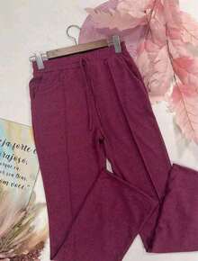 High-Waisted Wide-Leg Pants With Crease, Plain Wool, For Winter. - 紅木色 - 查看 3