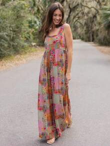 New Women's Bohemian Style One-Piece Jumpsuit With Suspenders, Retro Patch, Wide Leg And Elastic, Casual - 橘紅色 - 查看 5