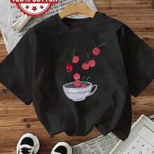 Camiseta genial, imprescindible para el verano, con estampado de frutas coloridas de la serie "Un Cuenco de Cerezas", cuello redondo, para mujer, 100% algodón, suave y cómoda, estilo holgado, súper versátil y confortable, muy adecuada para el uso diario, viajes, ocio y el hogar. Camisetas CLL-0693Fashion - Negro - Ver 7