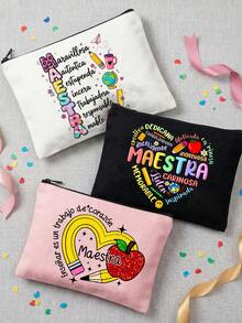 Maestra Theme Makeup Bag Set, Spanish Teacher's Day Gift Makeup Bag, "Gracias Maestra" Floral Heart Print Canvas Zipper Bag, Maestra Letter Pattern Makeup Bag, Floral Print Zipper Women's Makeup Bag, Gift For Her, Suitable For Women's Cosmetic Storage, College Dorm Cosmetic Storage, Women's Travel, Gift Bag, Teacher's Day Gift Bag - Multicolor - View 5