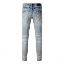 Purple Men Jeans New Fashion Ripped Retro Light Blue Straight Slim Fit Button Fly Denim Pants For Men Casual Wear - Màu xanh lam - Xem 3