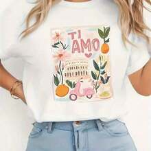 Women's Casual Short Sleeve T-Shirt - Italian Style With TI AMO Print, Pink Scooter, Floral And Fruity, White, 100% Cotton, Durable - 白色 - 查看 7