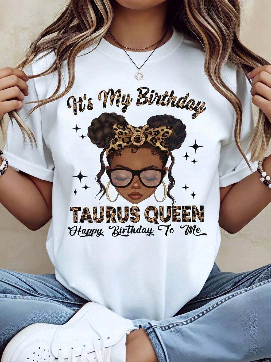 Gift: 1 White Women's T-Shirt With "Taurus Queen Birthday Girl" Print, Round Neck, Casual Cotton T-Shirt, Medium Stretch Knit Fabric, Regular Fit For Ladies, Ideal For Spring/Summer/Autumn, Soft. - 白色 - 查看 1