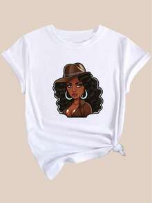 Chic Denim-Inspired Portrait Print T-Shirt For Women - Casual Fashion, Crew Neck, Short Sleeve, Breathable Polyester - Perfect For Spring/Summer - White - View 2