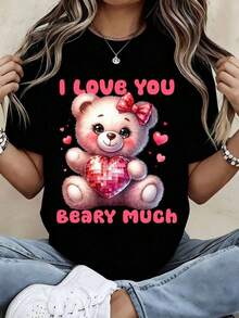 Camiseta negra para mujer con estampado de un oso lindo sosteniendo un corazón y la frase "I Love You Beary Much", perfecta para el Día de San Valentín y uso casual - Estilo vintage urbano, unisex, de algodón, manga corta, cuello redondo, blusas para mujer. blusas.blusas casuales para dama.Impresión de osos cariñosos.Camiseta estampada Impresión de osos cariñosos. - Negro - Ver 7