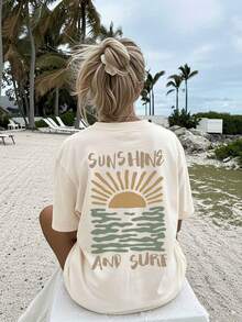 Women's Reversible Printed Clothing For Spring And Summer, With A Vintage Sun And Wave Style, Perfect For Casual Wear. Short-Sleeved, Off-The-Shoulder, Loose-Fitting T-Shirt, Women's Winter Clothing - 杏色 - 查看 4