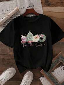 Women Shirt Holiday Graphic Print And White Options Cup Tree Wreath Design Tis Season Text Casual Festive Wear Top Women Playeras De Mujer Ropa Deportiva Blusas Para Mujer Gym Ropa Deprtiva Mujer Tops De Mujer Playeras Tops Tops Depirtivos Conjuntos Deportivos Ejercicio Top Deportivo MujerSuitable for spring, summer and autumn - Negro - Ver 2
