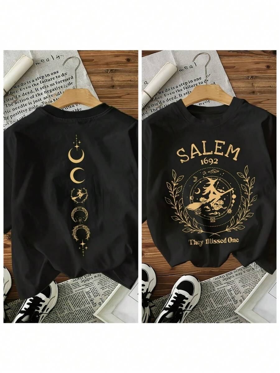 Camiseta Básica Mexicana de Bruja de Salem para Mujer - Diseño de Bruja y Salem de "They Forgot One" de Salem 1692 en la Espalda, Manga Corta y Cuello Redondo, Ajuste Cómodo para Todas las Temporadas, Camiseta de Brujería en Blanco para Disfraces de Halloween y Ropa Mágica - Nuevo Lanzamiento - Negro - Ver 1